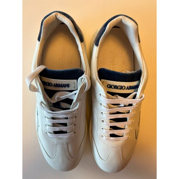 Giorgio Armani White Leather Sneakers Blue Signature, Size 7 (US) 37 (EU), NWOB! - Picture 4 of 10